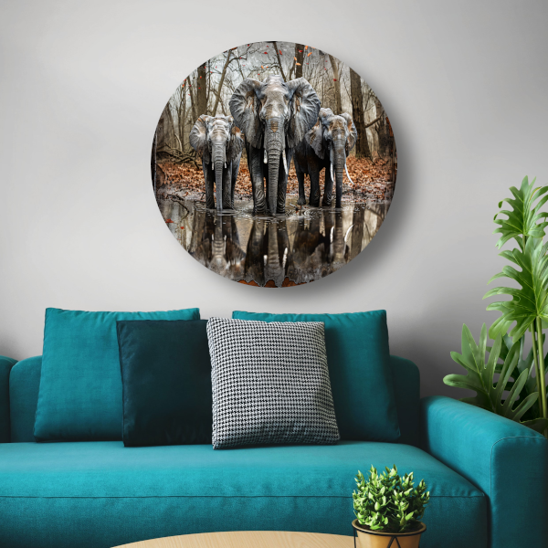 Olifanten met Waterreflectie in Boslandschap aluminium muurcirkel