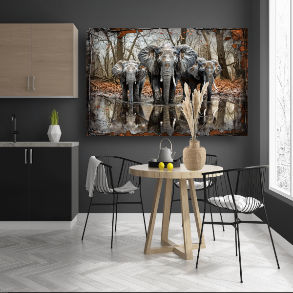 Canvas schilderij - Olifanten met Waterreflectie in Boslandschap