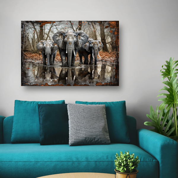 Canvas schilderij - Olifanten met Waterreflectie in Boslandschap