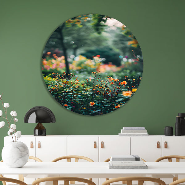 Kleurrijke Bloemenzee in Zachte Ochtendzon aluminium muurcirkel