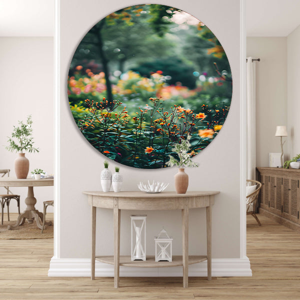 Kleurrijke Bloemenzee in Zachte Ochtendzon aluminium muurcirkel