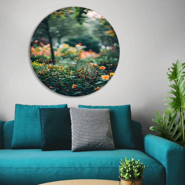 Kleurrijke Bloemenzee in Zachte Ochtendzon aluminium muurcirkel