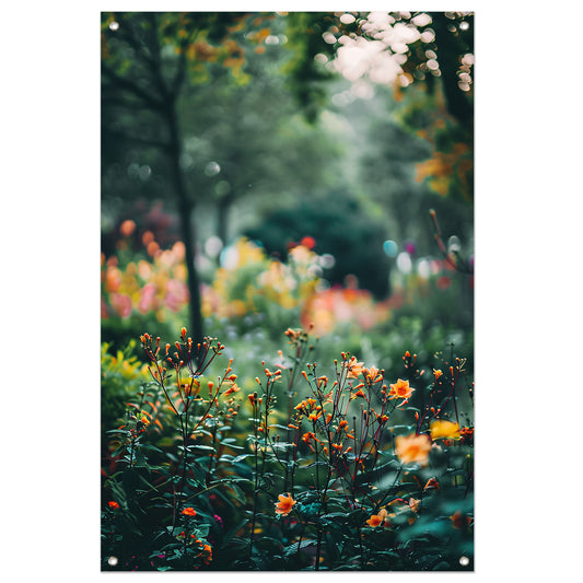 Kleurrijke Bloemenzee in Zachte Ochtendzon tuinposter