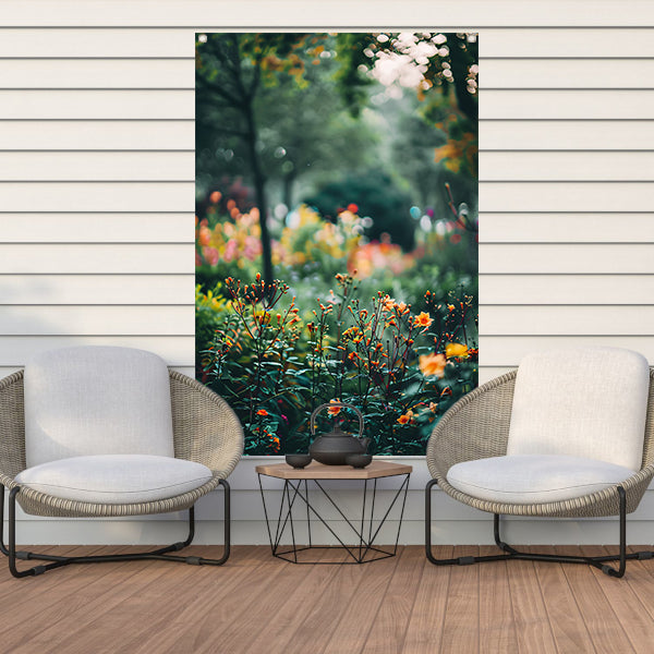 Kleurrijke Bloemenzee in Zachte Ochtendzon tuinposter