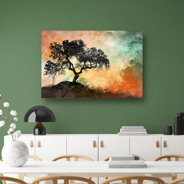 Silhouet van boom met kleurrijke achtergrond poster