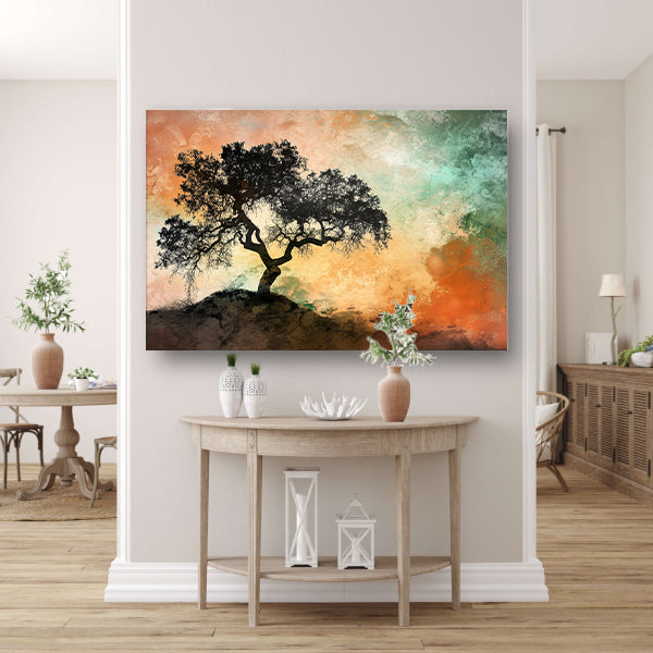 Silhouet van boom met kleurrijke achtergrond poster