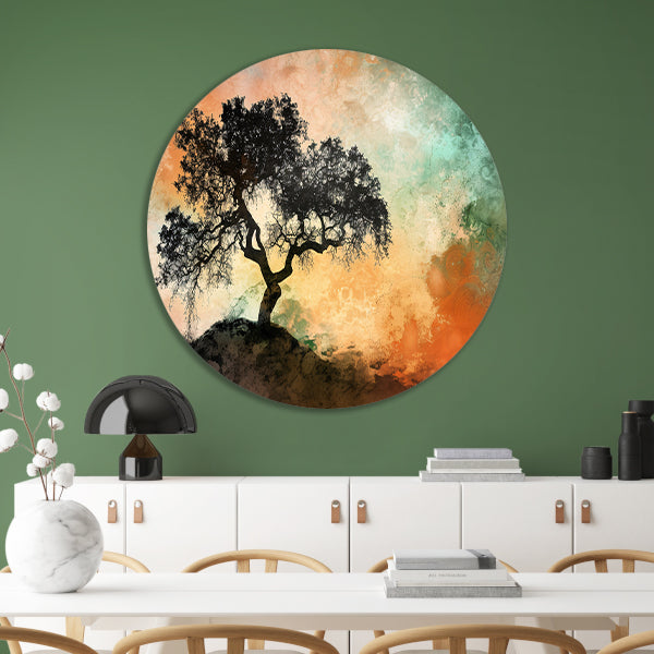 Silhouet van boom met kleurrijke achtergrond aluminium muurcirkel