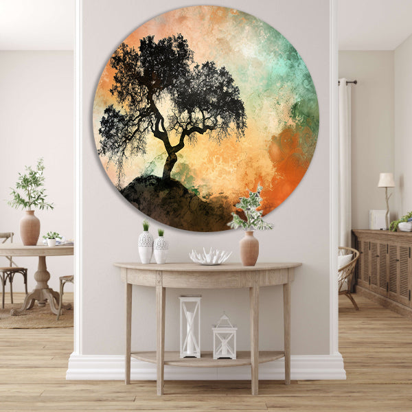 Silhouet van boom met kleurrijke achtergrond aluminium muurcirkel