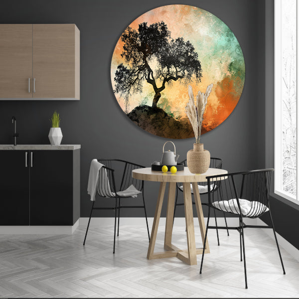 Silhouet van boom met kleurrijke achtergrond aluminium muurcirkel