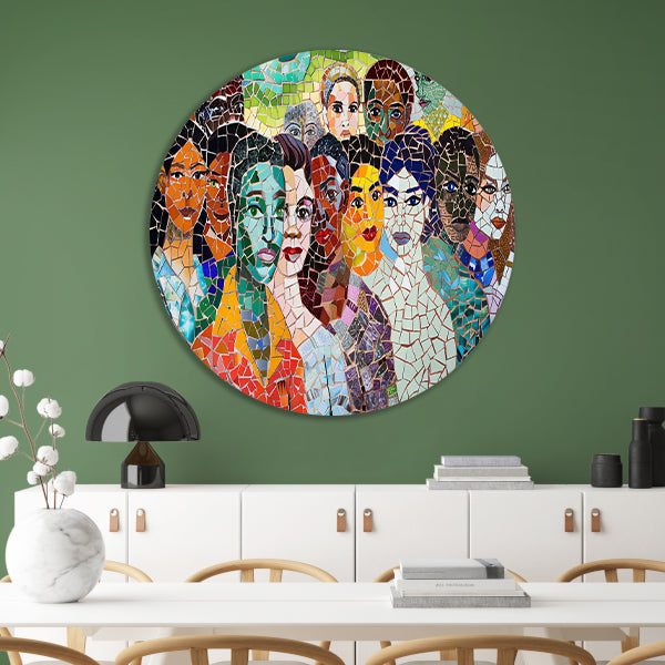 Kleurrijk mozaïekportret van diverse gezichten forex muurcirkel