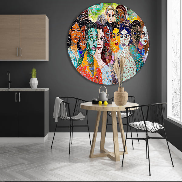 Kleurrijk mozaïekportret van diverse gezichten forex muurcirkel