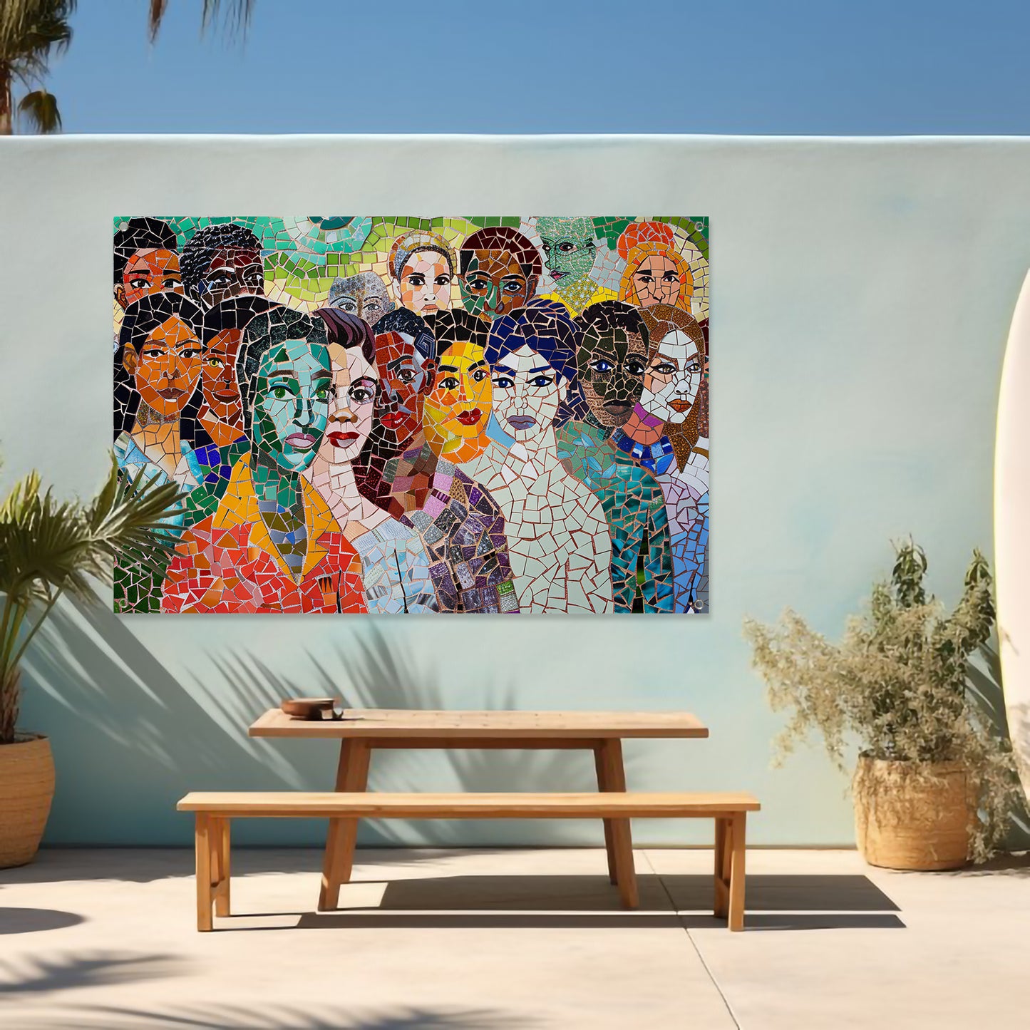 Kleurrijk mozaïekportret van diverse gezichten tuinposter