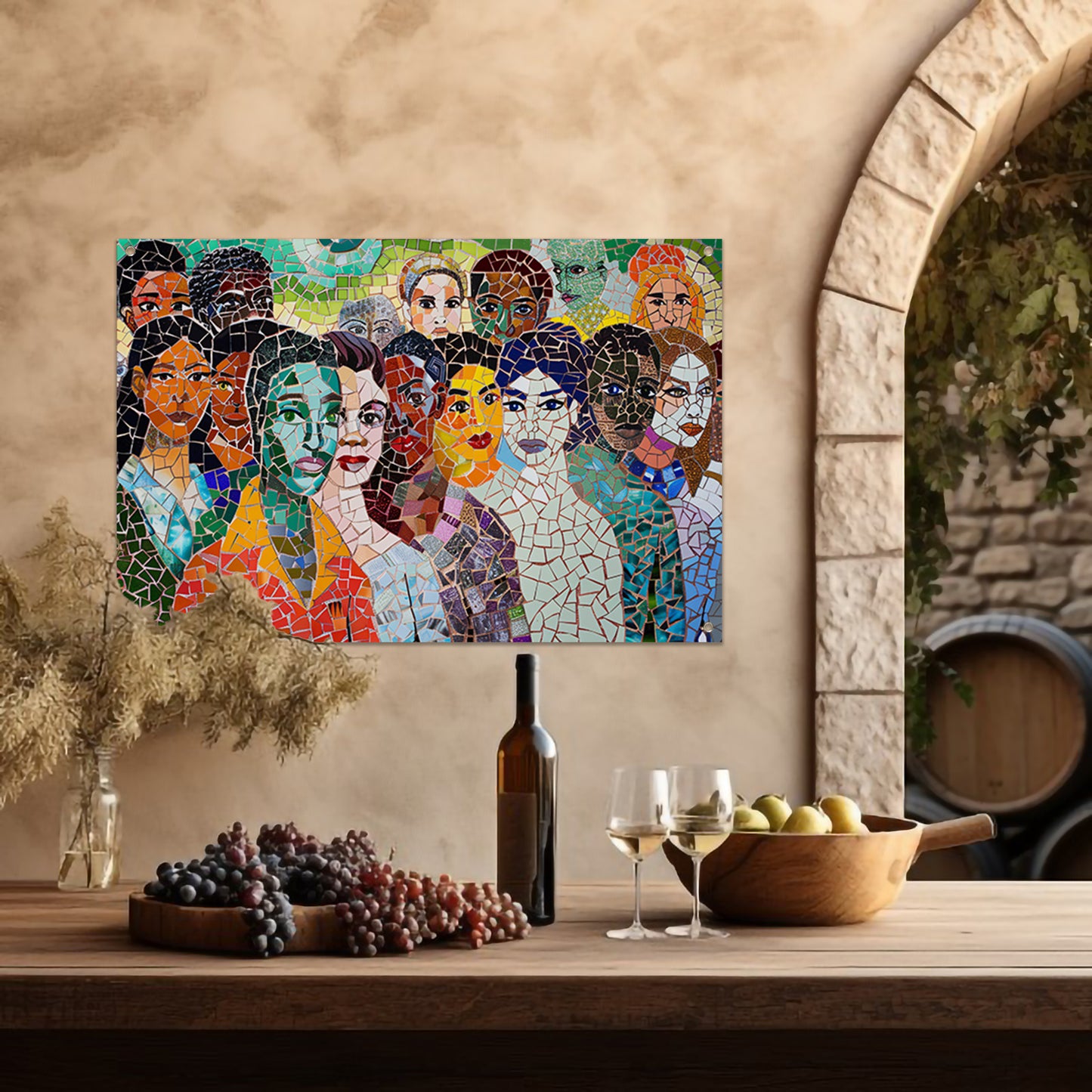 Kleurrijk mozaïekportret van diverse gezichten tuinposter