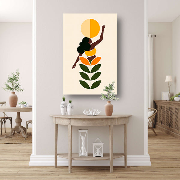 Minimalistische print van vrouw en zon canvas
