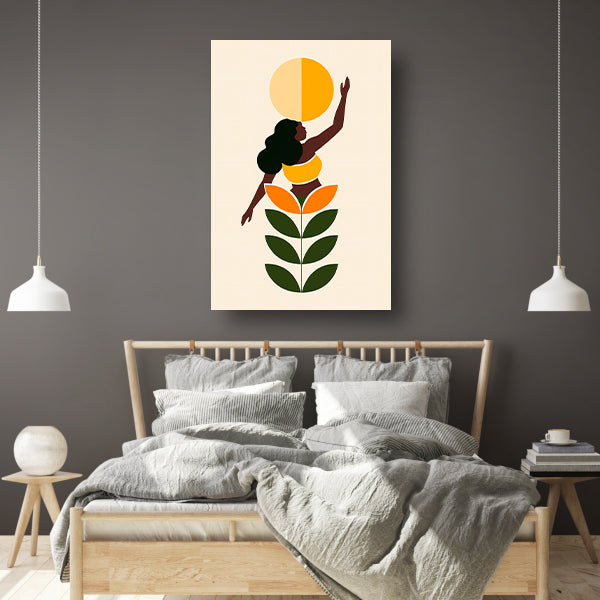 Minimalistische print van vrouw en zon canvas