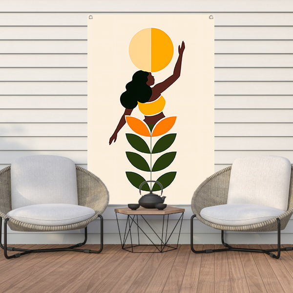 Minimalistische print van vrouw en zon tuinposter