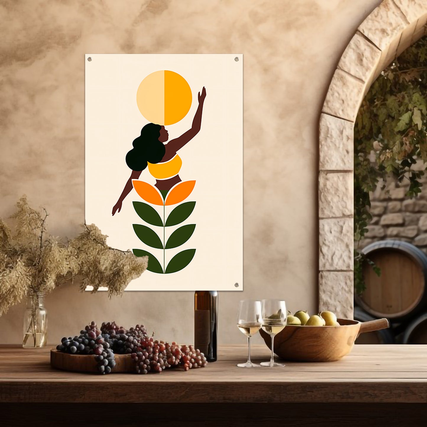 Minimalistische print van vrouw en zon tuinposter