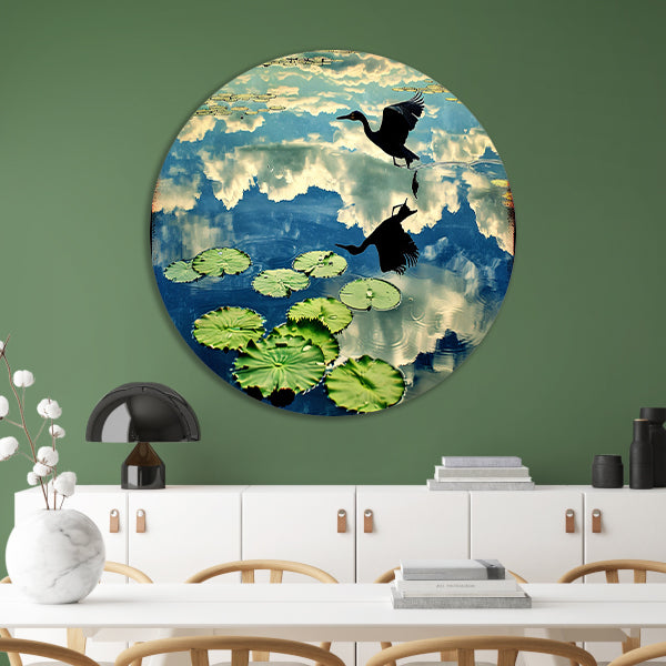 Vogel boven water met reflectie forex muurcirkel