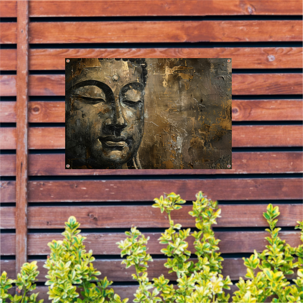 Boeddha portret met gouden en zwarte abstracte achtergrond tuinposter