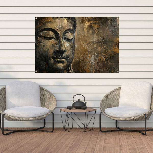 Boeddha portret met gouden en zwarte abstracte achtergrond tuinposter