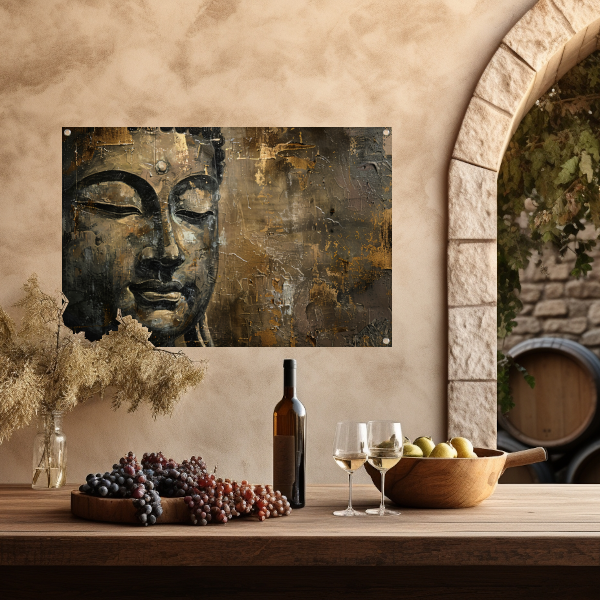 Boeddha portret met gouden en zwarte abstracte achtergrond tuinposter