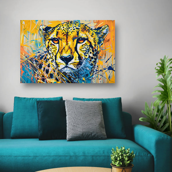Dynamisch en kleurrijk schilderij van een cheeta canvas