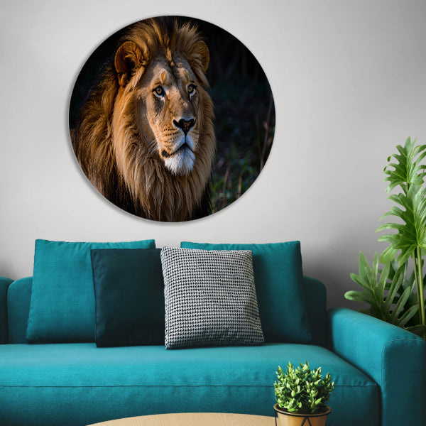 Indrukwekkende foto van leeuw in donker aluminium muurcirkel