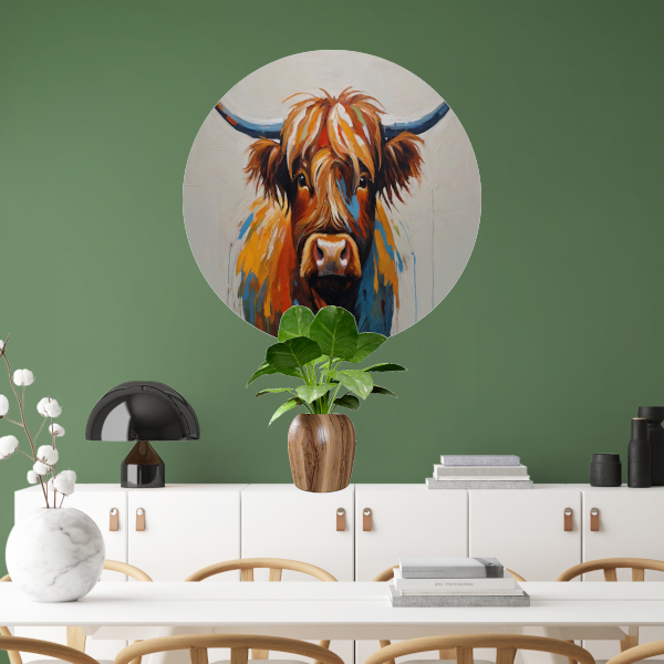 Levendige Highland Koe, Moderne Kunstinterpretatie aluminium muurcirkel
