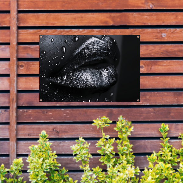 Zwart-witte lippen met glinsterende waterdruppels tuinposter