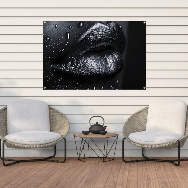 Zwart-witte lippen met glinsterende waterdruppels tuinposter