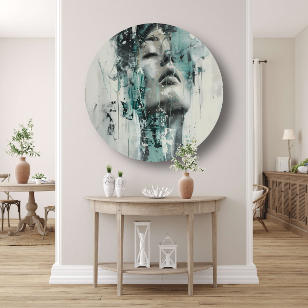 Dynamisch Portret van Vrouw in Turquoise aluminium muurcirkel