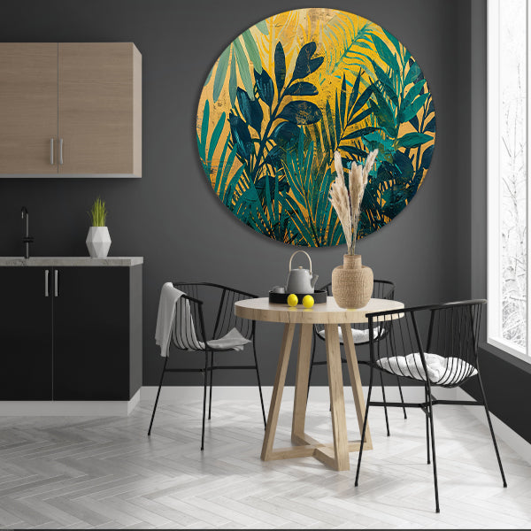 Abstract modern schilderij van junglebladeren aluminium muurcirkel