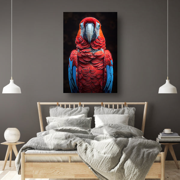 Portret van een ara met waterdruppels poster