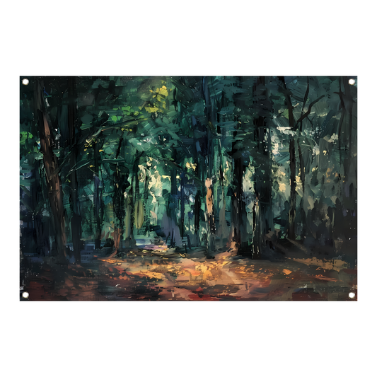 Kleurrijk impressionistisch bos met zonlicht tuinposter