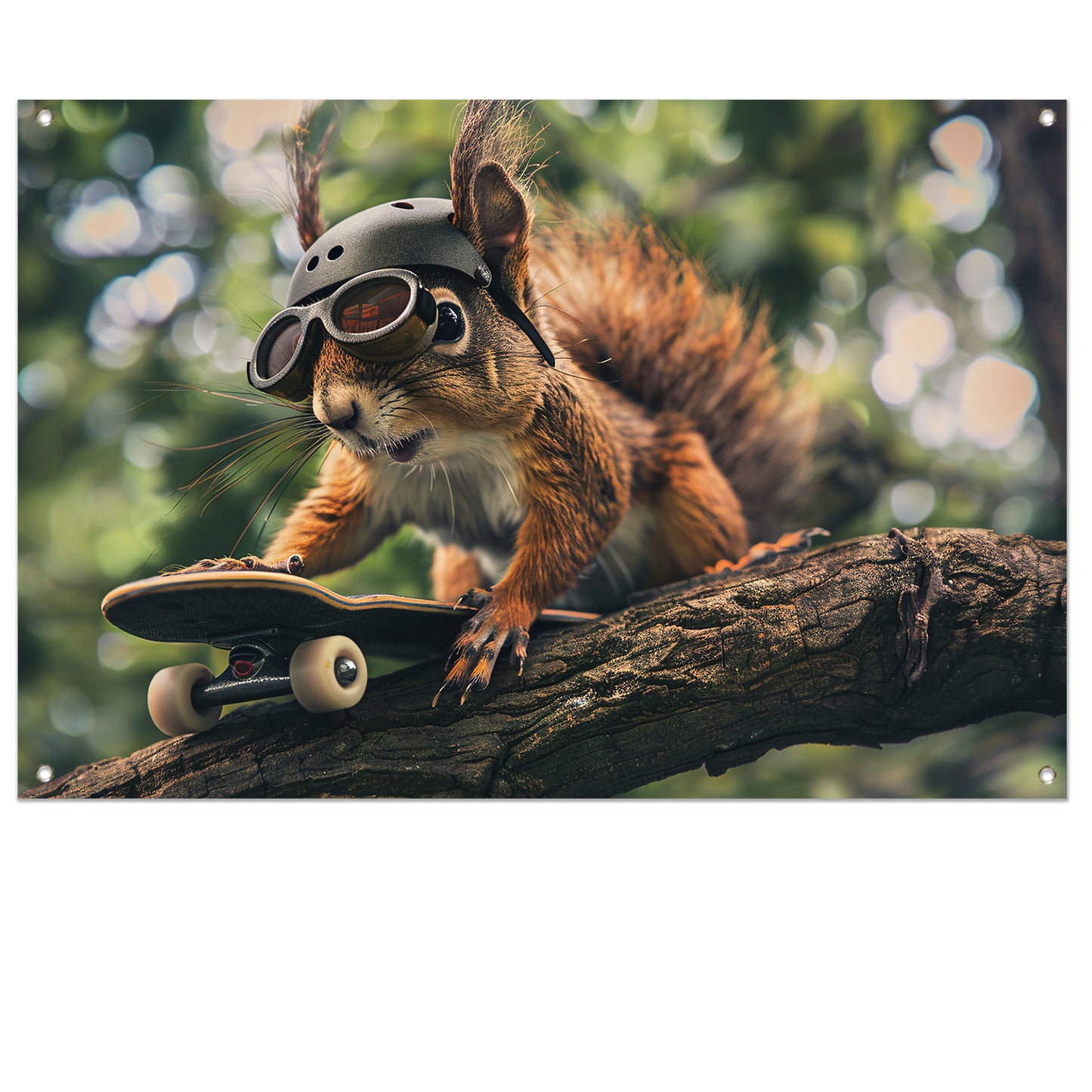 Skateboardende eekhoorn met helm en bril tuinposter