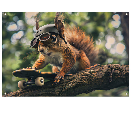 Skateboardende eekhoorn met helm en bril   tuinposter