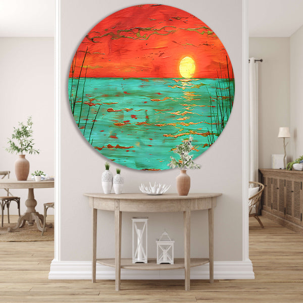Kleurrijke zonsondergang boven kalm water schilderij forex muurcirkel