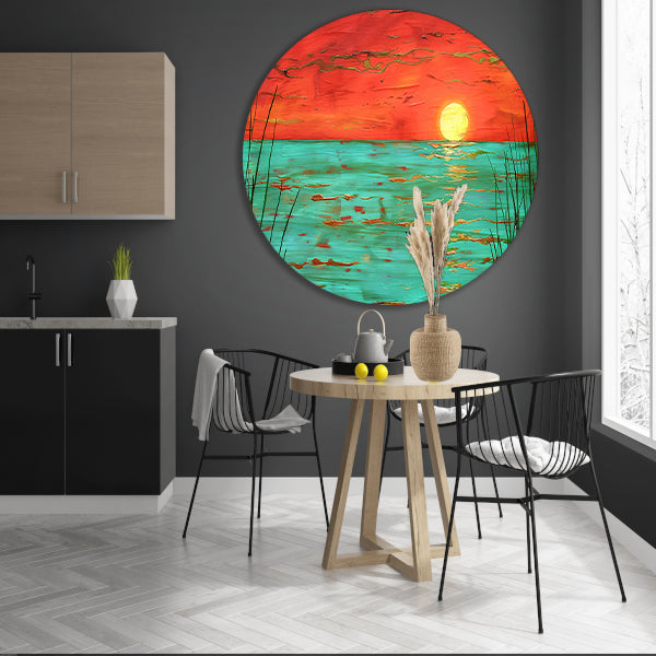Kleurrijke zonsondergang boven kalm water schilderij forex muurcirkel