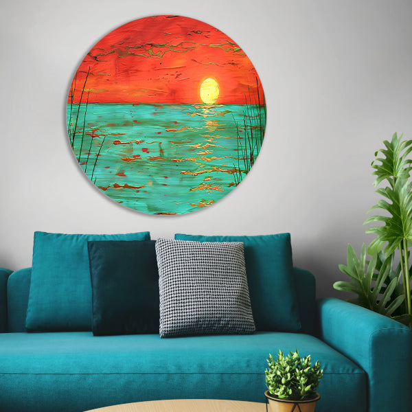 Kleurrijke zonsondergang boven kalm water schilderij forex muurcirkel