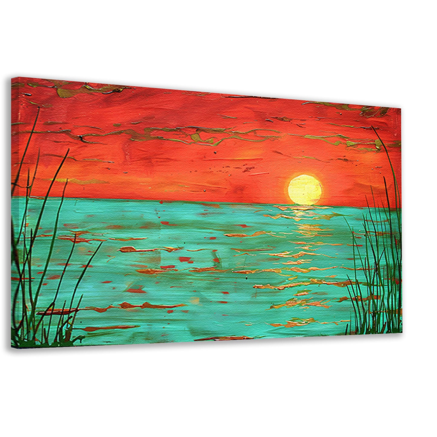 Kleurrijke zonsondergang boven kalm water schilderij canvas