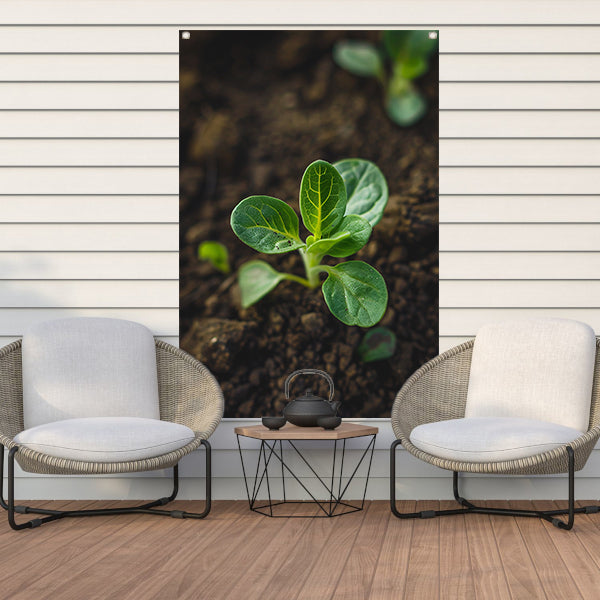 Jonge plant in donkere aarde tuinposter