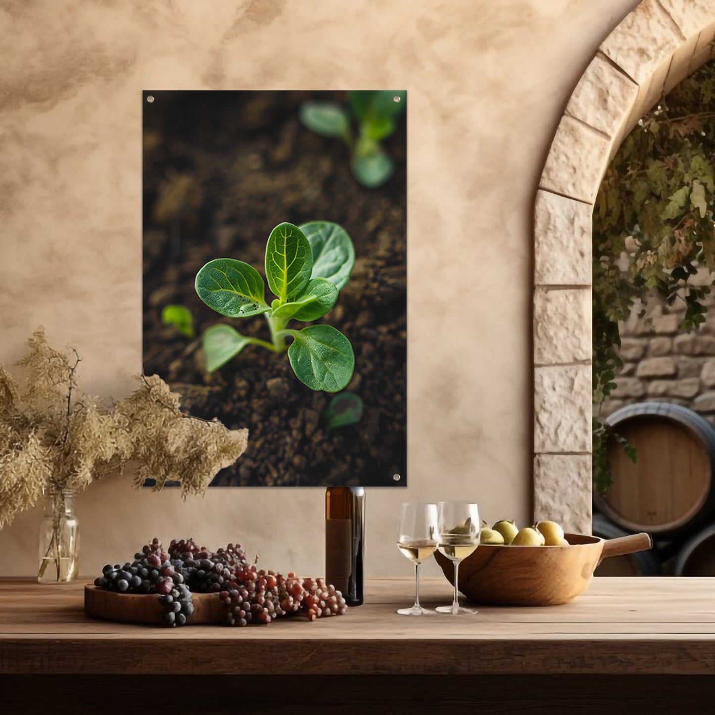 Jonge plant in donkere aarde tuinposter