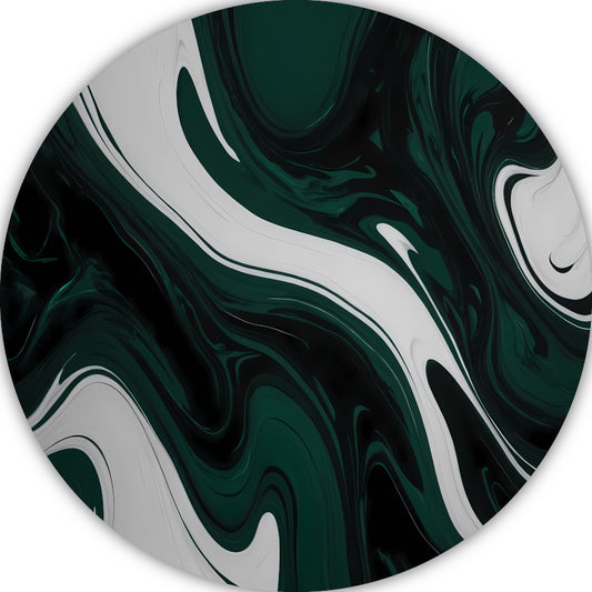 Abstracte Fluid Art in Zwart, Wit en Groen aluminium muurcirkel