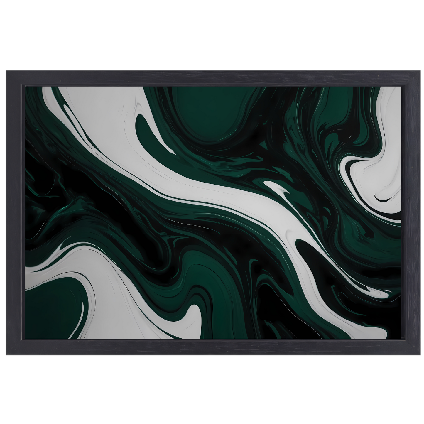 Abstracte Fluid Art in Zwart, Wit en Groen canvas met baklijst
