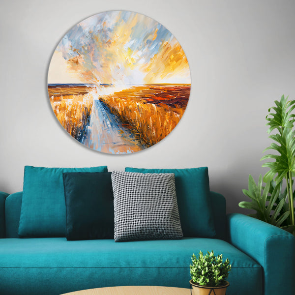 Abstract landschap met weg naar horizon aluminium muurcirkel