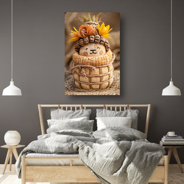 Handgemaakt beeld van leeuw met bloemenkroon canvas