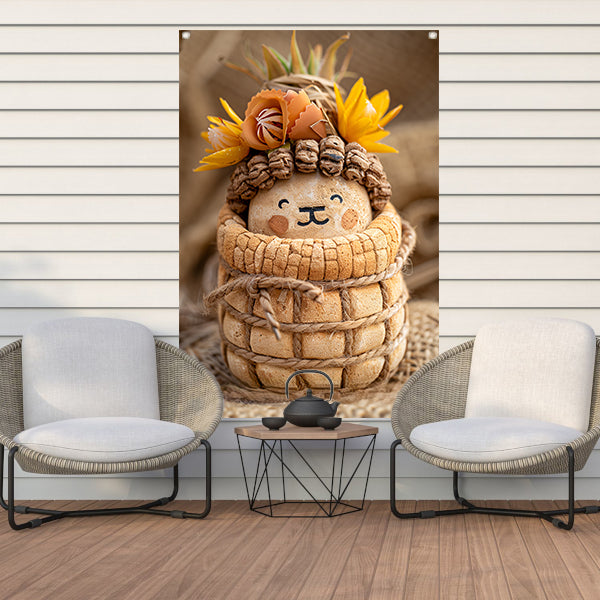 Handgemaakt beeld van leeuw met bloemenkroon tuinposter