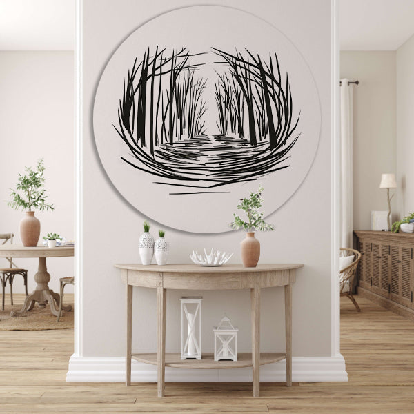 Minimalistisch rivier door bos lijntekening aluminium muurcirkel