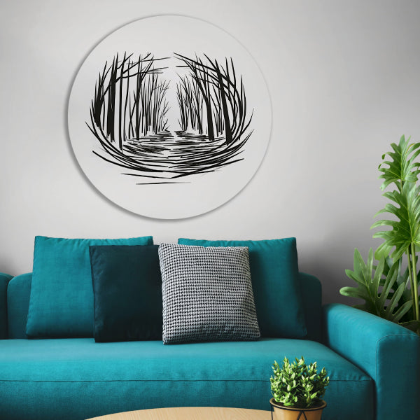 Minimalistisch rivier door bos lijntekening aluminium muurcirkel