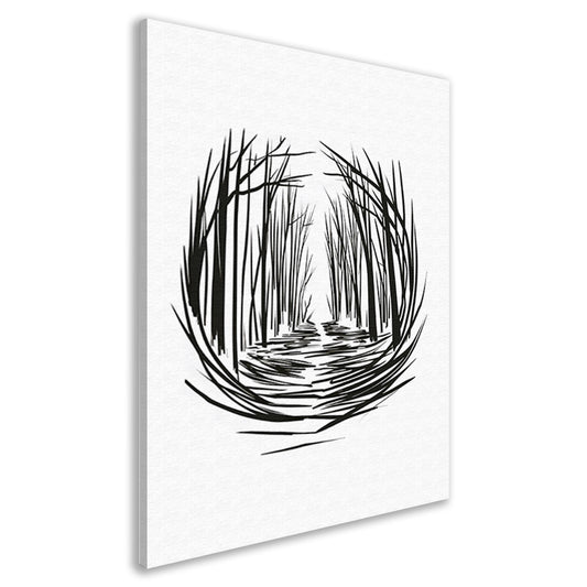 Minimalistisch rivier door bos lijntekening canvas